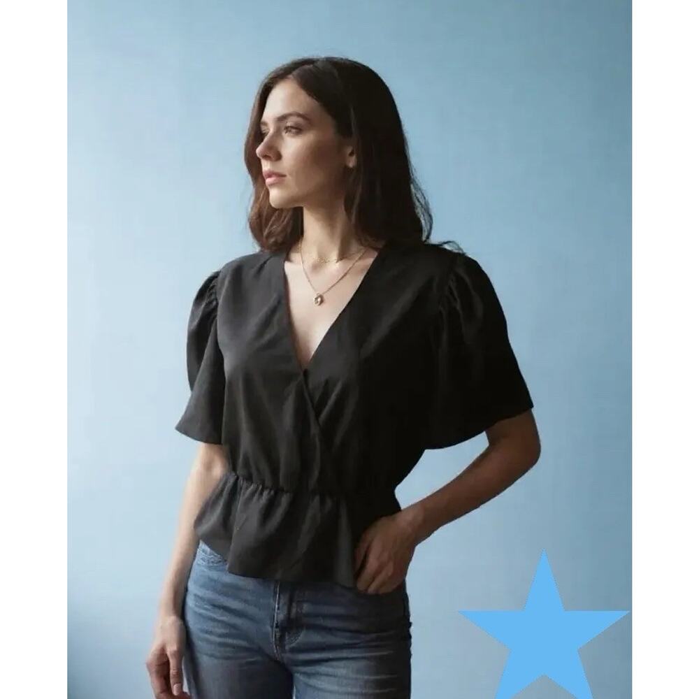 Leyden Revolve Womens Black Peplum Short Sleeve Blouse Top NEW NWT S 2 4